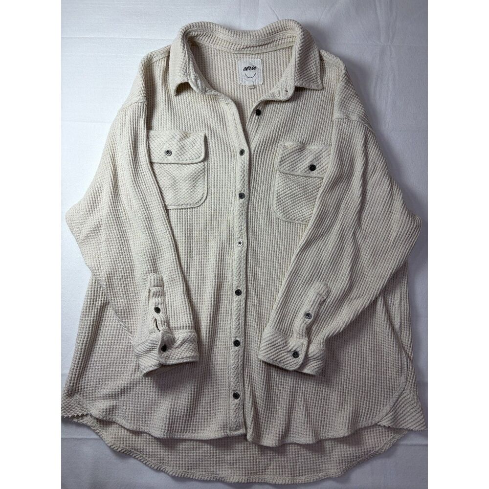 Aerie Waffle Knit Button Down Shirt Jacket Cream Beige Shacket Oversized Large